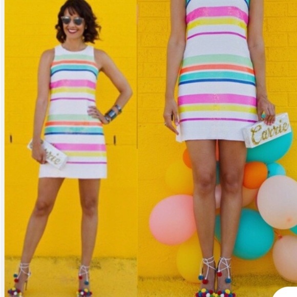 Kate Spade White Pink Cape Multi Stripe Sequin Lined Shift Dress Size 6 Party - Picture 12 of 15